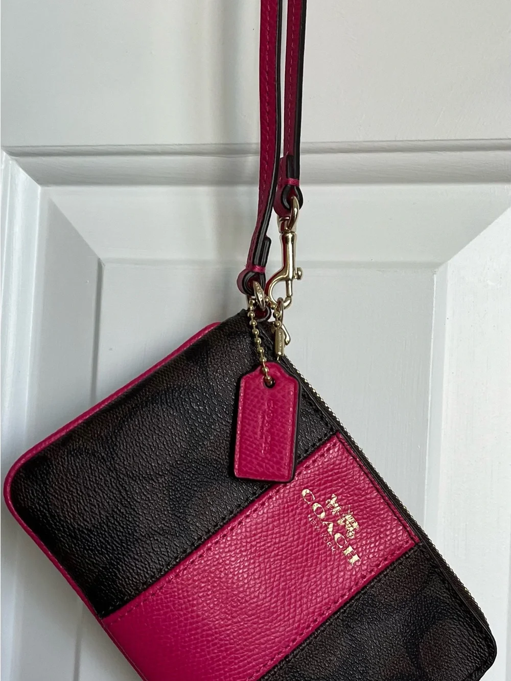 Coach Brown Signature Canvas Wristlet with Bright Pink Leather Accent